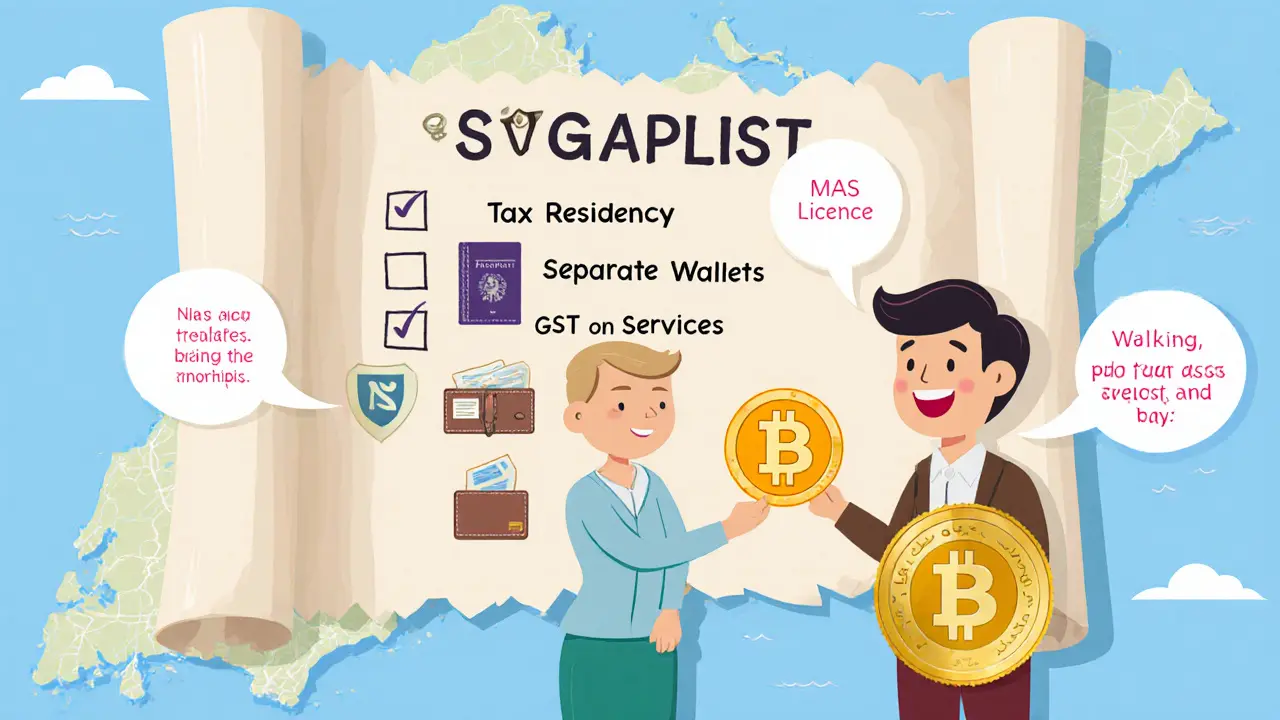 Checklist scroll with icons for residency, wallets, GST, and MAS licence over Singapore map.