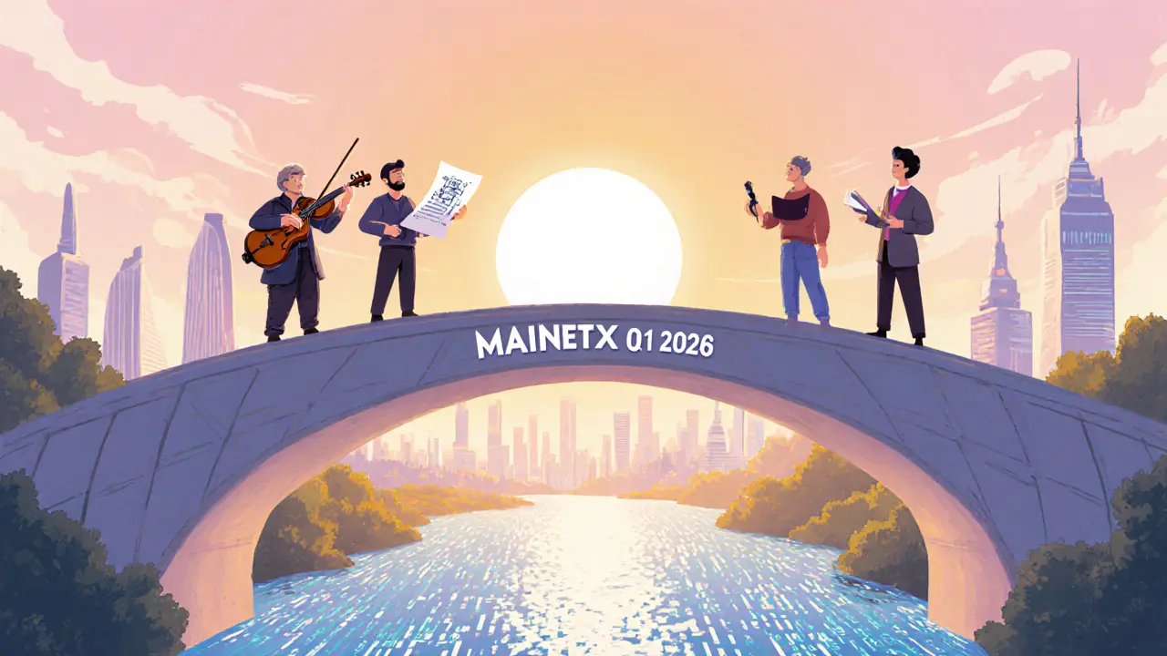 Musician, inventor, and storyteller cross a bridge labeled "Mainnet Q1 2026" toward a sunrise over IP‑NFT city.