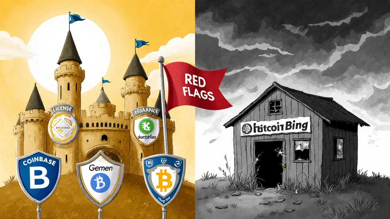 Side‑by‑side illustration of reputable exchanges as strong castles versus BitcoinBing as a broken shack.